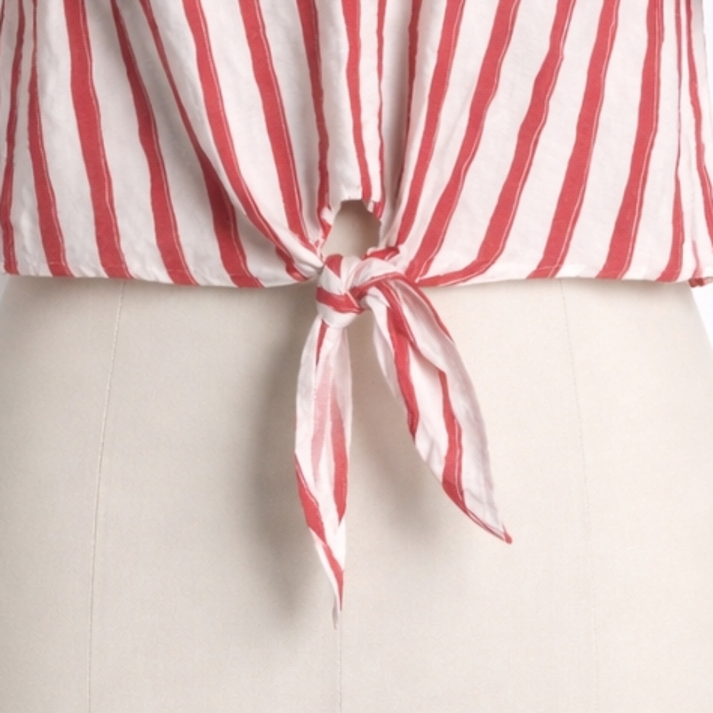 Bleuh Ciel Red & White Striped Tie-Front Blouse | Puff Sleeve | Size L - Picture 2 of 5